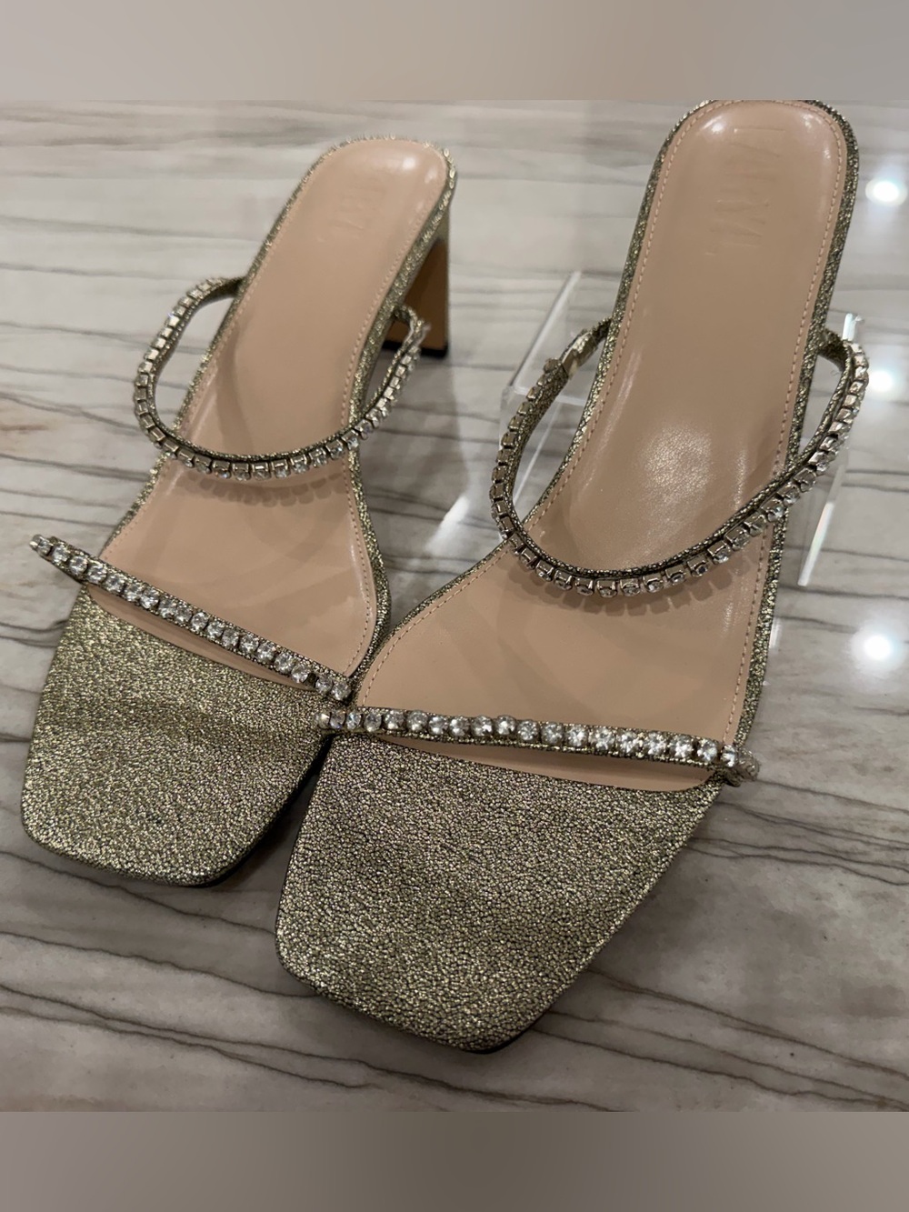 FARYL by Farylrobin Alexandra Gold Rhinestone Block Heel Sandals Size 13 NIB